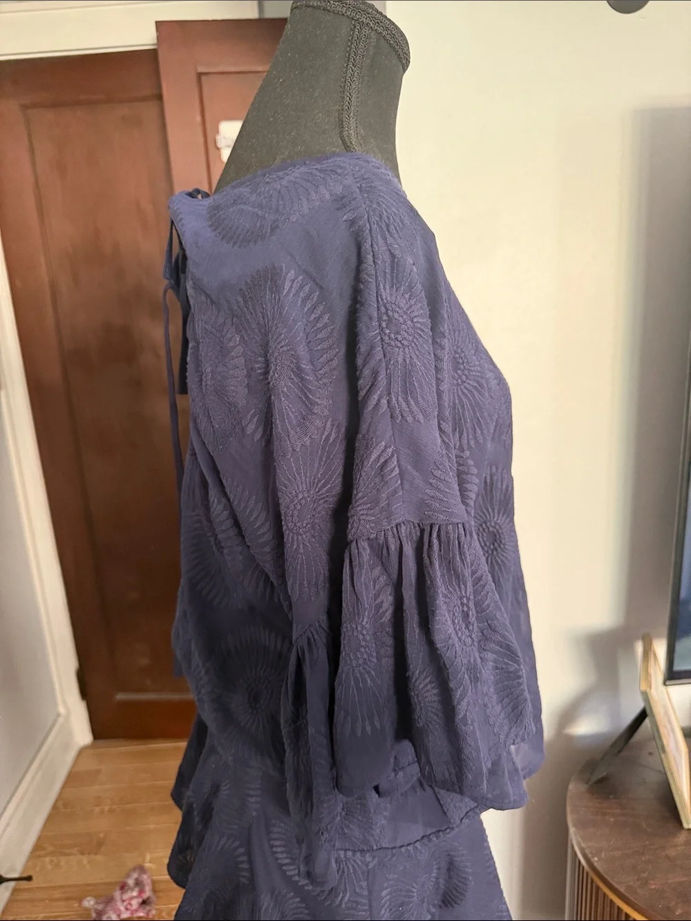 Ted Baker Navy Embroidered Ruffle-Sleeve Tunic
